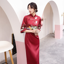 Daily modified version of cheongsam female 2021 spring summer vintage red long temperament slim embroidery Chinese style dress