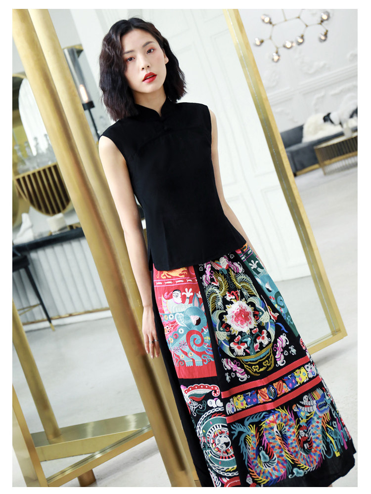 National style retro cheongsam two-piece set Chinese style embroidery cotton and linen suit 2021 female summer modified Tang suit skirt