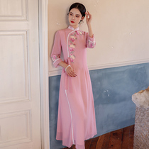 Cheongsam young girl improved spring and summer 2021 New retro pink vintage embroidered womens dress