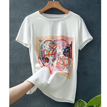 Heavy silk short sleeve women 20 new summer dress round neck printed mulberry silk stitching loose vest T-shirt top tide