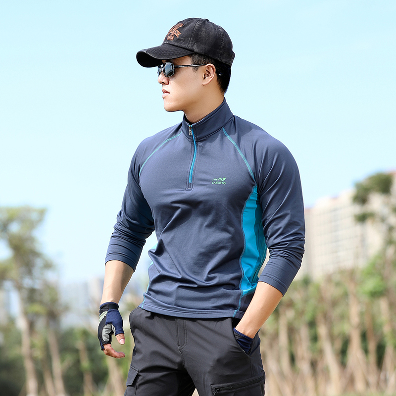 Outdoor Color-Blocked Sports Elastic Quick-Drying Long-Sleeve T-Shirt for Men, Fleece-Lined, Warm, Sweat-Absorbent, Breathable, for Hiking and Trekking in Autumn