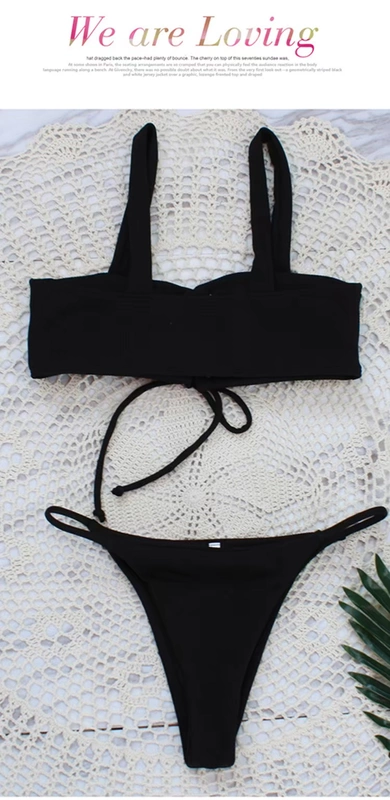 CORTUBO với chất liệu nylon đặc biệt màu rắn dây đeo gợi cảm bikini bikini màu đen - Bikinis