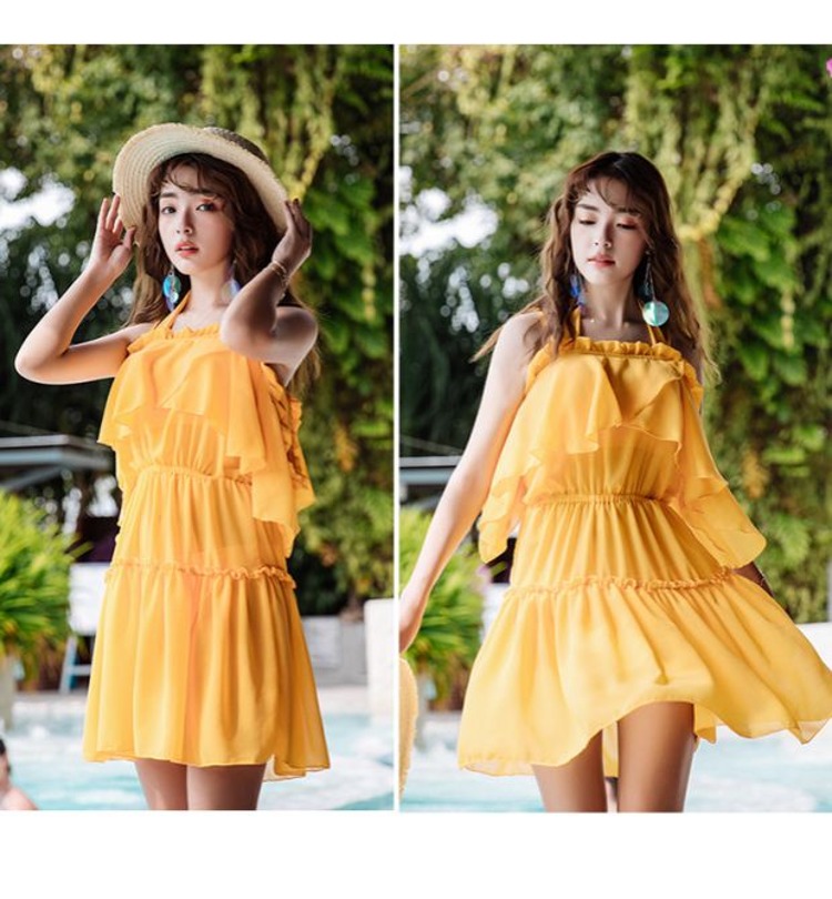 CORTUBO Luxiang cô gái nhỏ xinh áo tắm áo tắm ba mảnh lá sen mặc áo tắm quây bikini, - Bikinis bộ bơi dài tay nữ
