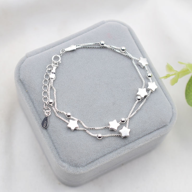s925 sterling silver double-layer star hand female trendy Japanese and Korean simple temperament Sen students sweet birthday gift