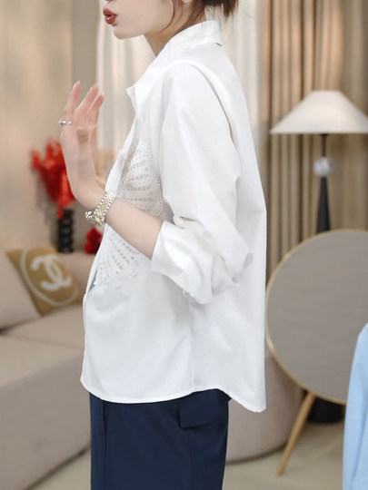 重工绣花设计感小众衬衫新款2025春秋大码不规则下摆长袖百搭衬衣