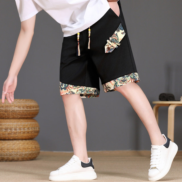 New Chinese Style Men's Summer Ice Silk Cool Five-Point Casual Shorts, National Trend Patchwork Straight-Leg Cool Beach Shorts