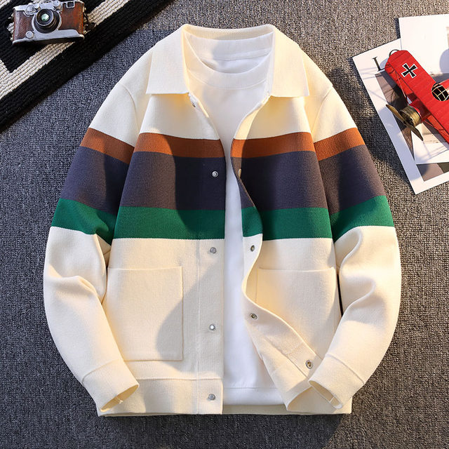 Cardigan Sweater for Men, New Spring and Autumn Style, Color-Blocked Knitted Jacket, Youth Turn-Down Collar Sweater Coat