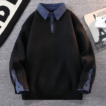 Fake Two-Piece Sweater for Men, New Winter Style, Turn-Down Collar Knit Base Shirt, Trendy Brand, Youth Warm Casual Knitwear