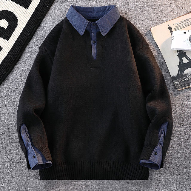 Fake Two-Piece Sweater for Men, New Winter Style, Turn-Down Collar Knit Base Shirt, Trendy Brand, Youth Warm Casual Knitwear
