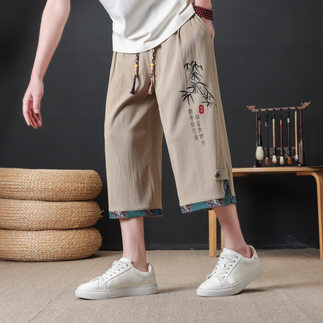 New Chinese Style Casual Shorts for Men, Summer Trendy Brand Loose Straight-Leg Cropped Pants, Thin and Cool, Breathable National Style Pants