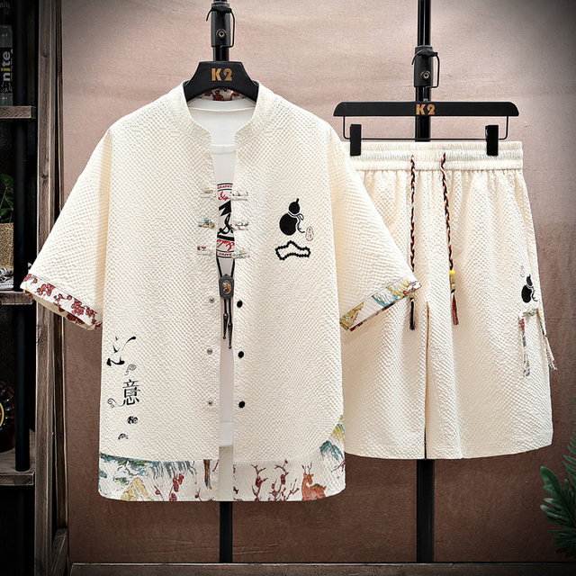 New Chinese style national style suit men's summer quarter-sleeved shirt short-sleeved shorts trendy handsome casual shirt two-piece set