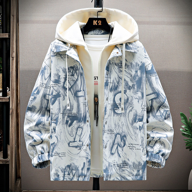 Fake two-piece hooded jacket for men in spring and autumn trendy American style loose windproof jacket, handsome and versatile autumn clothing