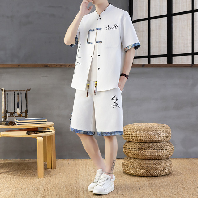 Chinese Style Short-Sleeved Shirt Men's Summer Suit Ice Silk Thin New Chinese Style Short-Sleeved T-Shirt Shirt-Style Two-Piece Set