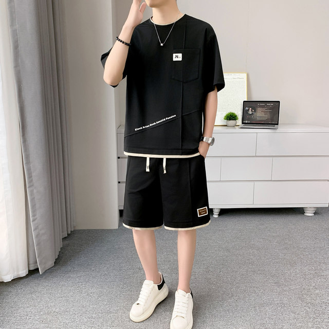 Ice Silk Cool Short-Sleeved Suit for Men, Summer Quarter-Sleeve T-Shirt, Loose Casual Sports Outfit for Teenagers, Complete Set of Clothes