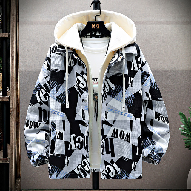 Fake Two-Piece Hooded Jacket for Men, Spring and Autumn 2026 New Style Printed Jacket, Trendy Brand, Youth Workwear, Cool and Stylish Coat