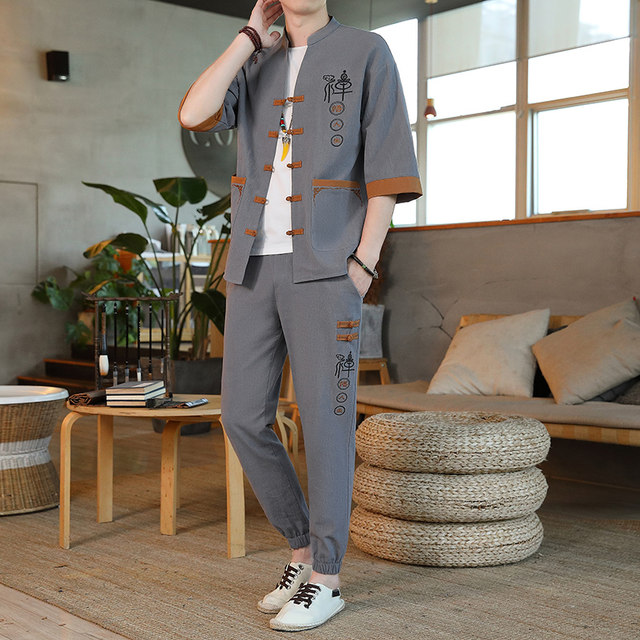 Linen Short-Sleeved T-Shirt Men's Chinese Style Loose Nine-Point Pants T-Shirt Summer Thin Cotton and Linen Casual Sports Suit