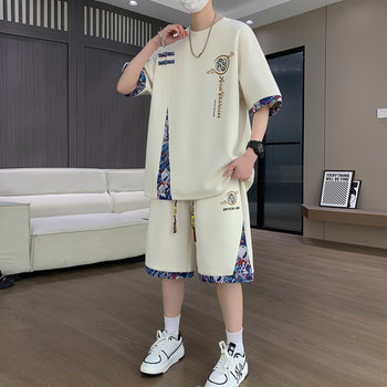 Two-Piece Set of Men's National Style Thin Short-Sleeved Shorts with Youth Summer Ice Silk T-Shirt Casual Sports Suit