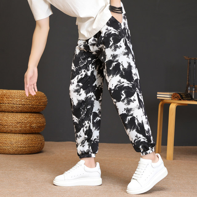 Summer Men's Ice Silk Thin Quick-Drying Pants Loose Casual Sports Pants Ethnic Style Retro Couple Nine-Point Harem Pants
