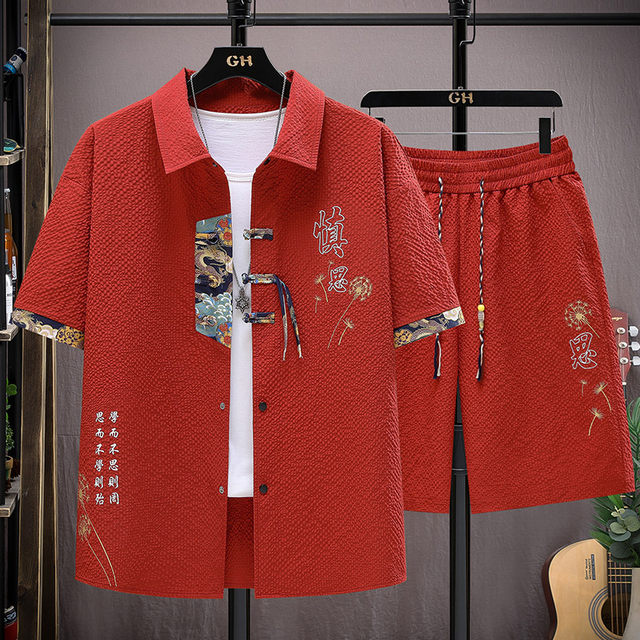 Chinese style short-sleeved shirt men's summer ice silk national trend shirt shorts suit teenagers handsome matching set