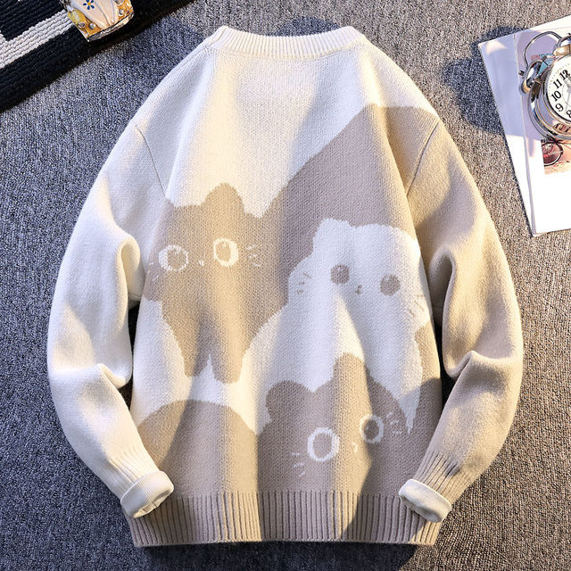 College Style Round Neck Sweater for Men in Autumn and Winter, Contrasting Color Cat Knit Sweater, Loose and Lazy Style, Handsome and Warm Top