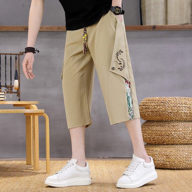 Color-Blocked Chinese Style Summer Shorts for Men 2025 New National Trend High-End Casual Straight-Leg Breathable Ice Silk Pants