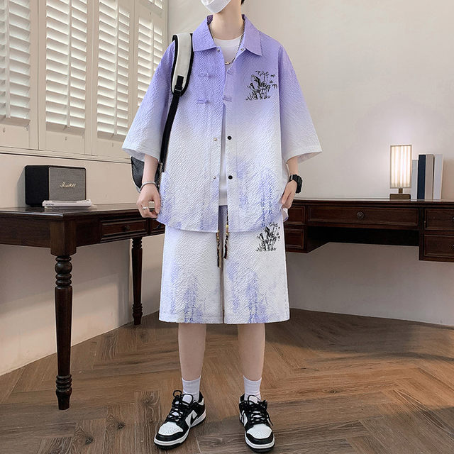 New Chinese style Chinese style casual shirt suit men's summer fashion trendy brand short-sleeved shorts national trend handsome men's clothing