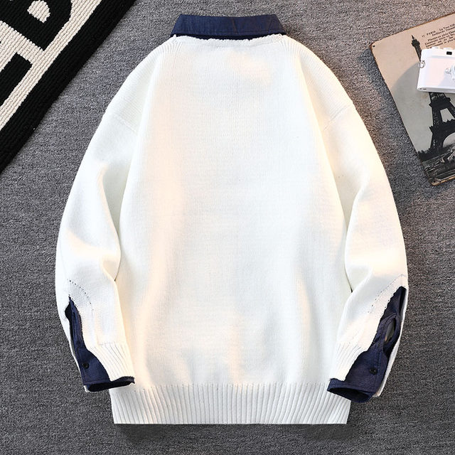 Fake Two-Piece Sweater for Men, New Winter Style, Turn-Down Collar Knit Base Shirt, Trendy Brand, Youth Warm Casual Knitwear