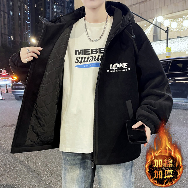 Teenagers' Fleece-Lined Cotton Jacket for Men, Winter Trendy Brand Loose Hooded Cotton Coat, Student Winter Clothing Top