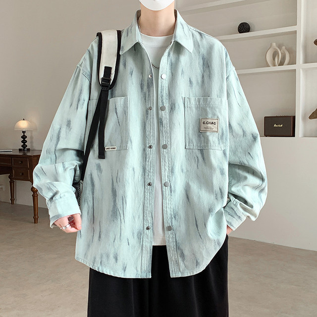 Pure Cotton Long-Sleeved Shirt for Men in Spring and Autumn, Stylish Tie-Dye Printed Workwear Top, Loose Casual Lapel Shirt Jacket