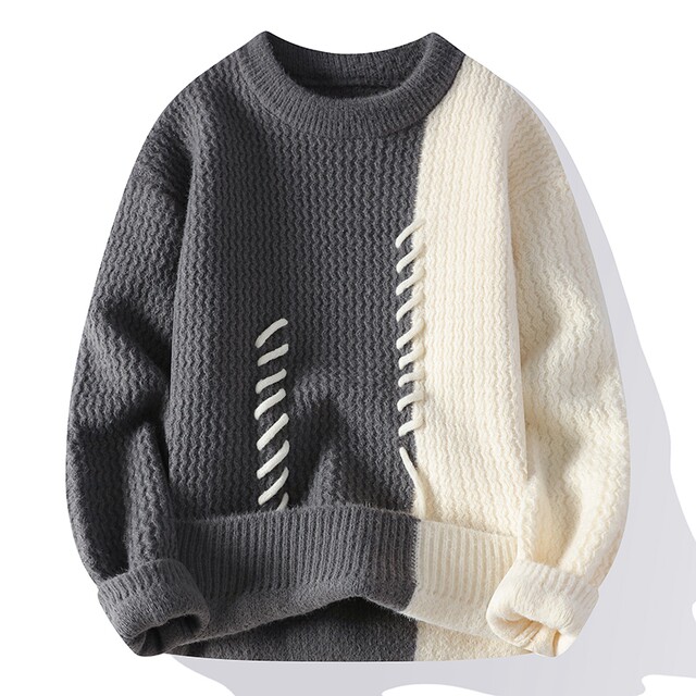 Color-Blocked Crew Neck Sweater for Men, Autumn and Winter 2024 New Style, Loose Trendy Brand Base Knitwear, Thickened and Warm Top