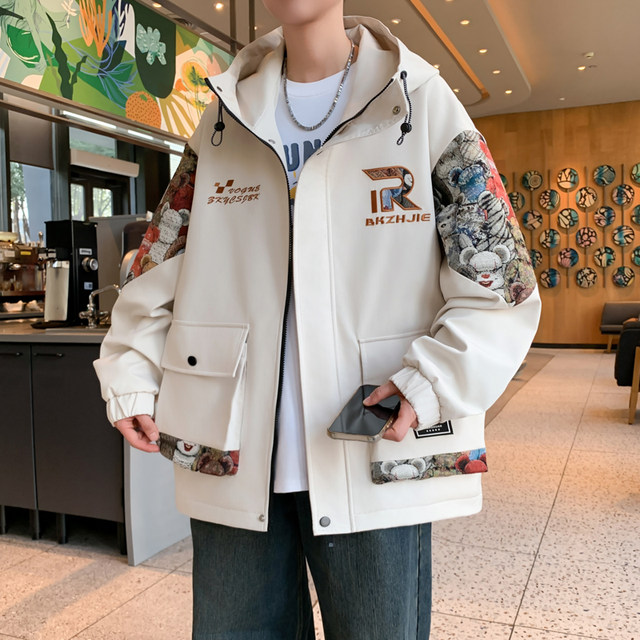 Work jacket men's spring and autumn new Hong Kong style hooded jacket trendy brand jacket teenagers handsome versatile top