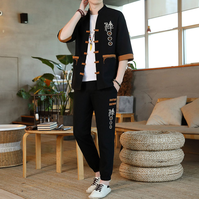 Linen Short-Sleeved T-Shirt Men's Chinese Style Loose Nine-Point Pants T-Shirt Summer Thin Cotton and Linen Casual Sports Suit