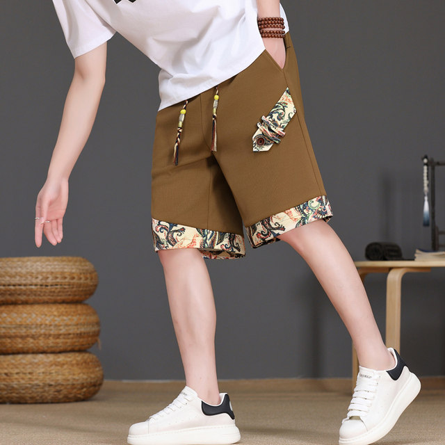 New Chinese Style Men's Summer Ice Silk Cool Five-Point Casual Shorts, National Trend Patchwork Straight-Leg Cool Beach Shorts