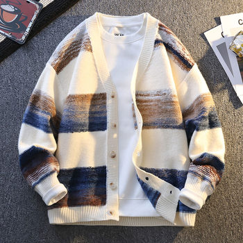 High-End V-Neck Cardigan for Men, Spring and Autumn 2025 New Sweater, Striped Trendy Brand, Loose Knitwear Jacket