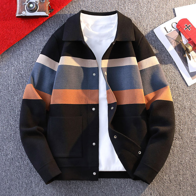 Cardigan Sweater for Men, New Spring and Autumn Style, Color-Blocked Knitted Jacket, Youth Turn-Down Collar Sweater Coat