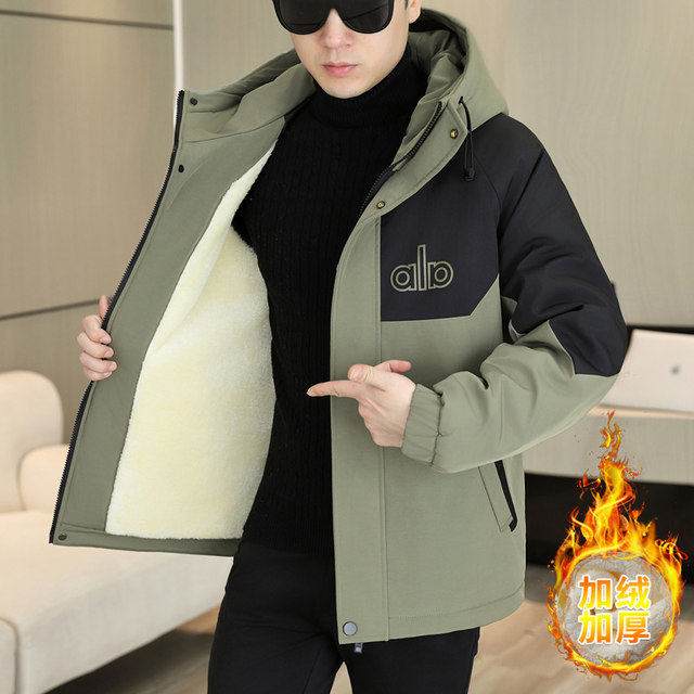Trendy brand American light luxury hooded color-blocked jacket men's autumn and winter new style plus velvet and thickening to keep warm and handsome workwear cotton coat