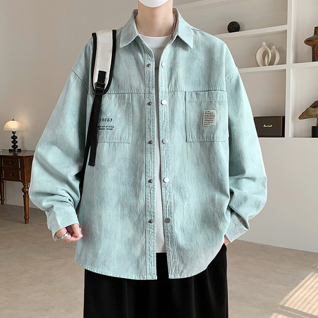 American-Style Pure Cotton Shirt Jacket for Men, Spring and Autumn Trendy Brand Turn-Down Collar Jacket, Youth Gradient Color Long-Sleeve Cool Top