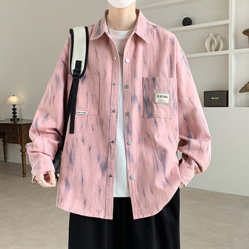 Pure Cotton Long-Sleeved Shirt for Men in Spring and Autumn, Stylish Tie-Dye Printed Workwear Top, Loose Casual Lapel Shirt Jacket