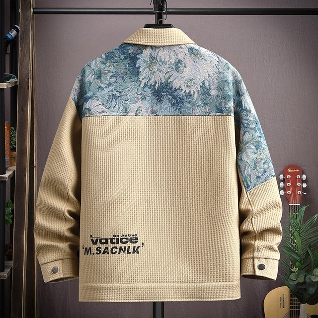 Waffle jacket men's autumn ethnic style splicing loose casual lapel jacket fashionable handsome versatile clothing