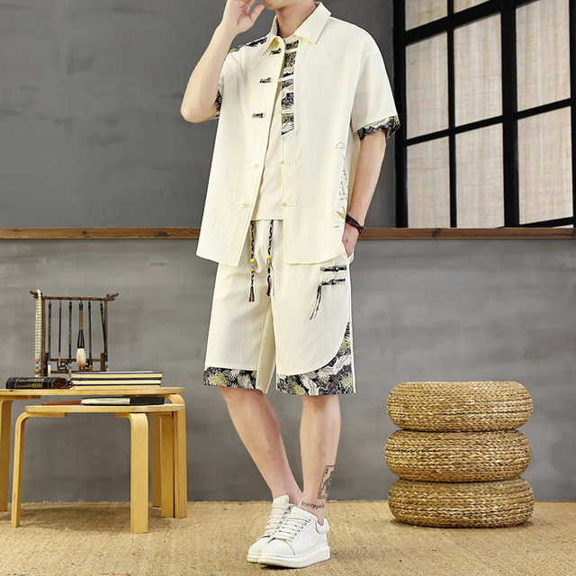 New Chinese Style Men's Summer Outfit, Short-Sleeved Shirt and Casual Shorts Two-Piece Set, Cool and Stylish Complete Outfit
