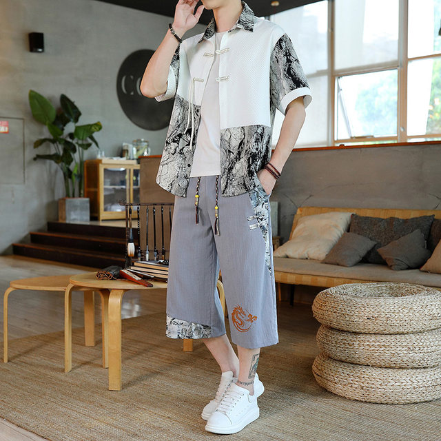 New Chinese-Style Ice Silk Suit for Men, Summer Thin Version, Color-Blocking Short-Sleeve and Shorts, Chinese Style Outfit, Complete Set, Handsome