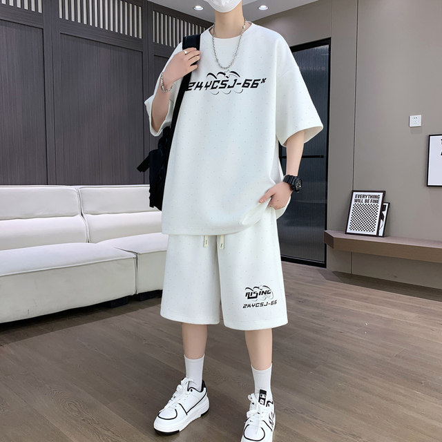 Summer Men's Short-Sleeved Suit, Casual Sports Suit, Youth Loose Trendy T-Shirt and Shorts Two-Piece Set