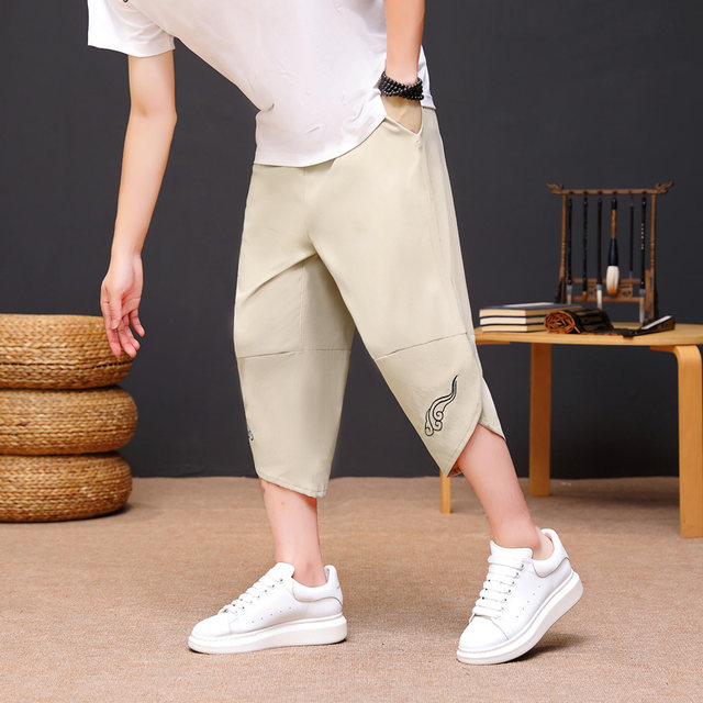 Men's Ice Silk Capri Pants, Summer Thin Loose Fashion Straight Shorts, Trendy Embroidered Sports Casual Mid-Length Pants