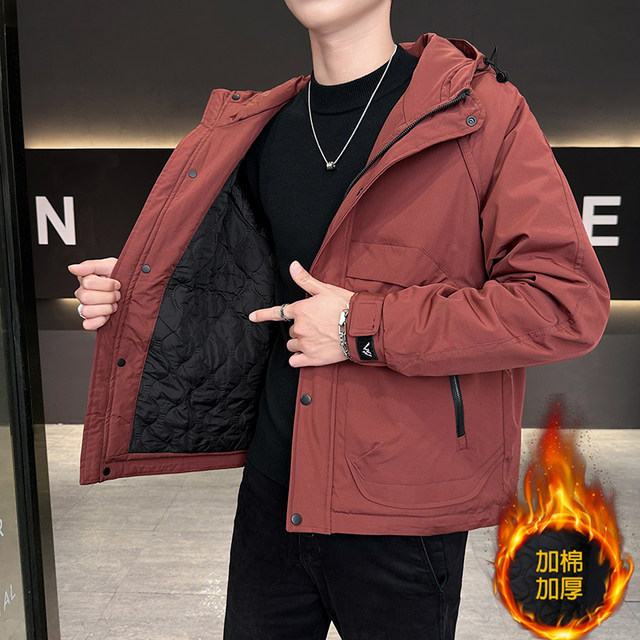 Winter 2026 New Men's Workwear Hooded Cotton Jacket, Trendy and Stylish, Thickened Cotton Coat, Double-Layered Cotton Youth Warm Cotton Jacket