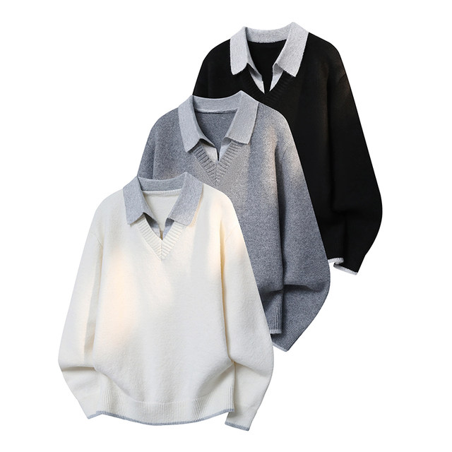 Fake Two-Piece Sweater for Men, Winter 2026 New Style, Loose Thickened Shirt Collar Top, Trendy Brand Base Knitwear