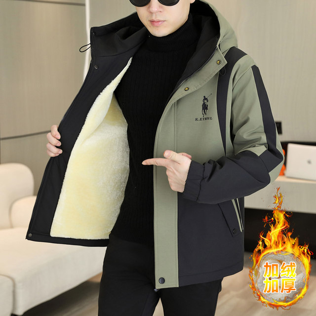 American-Style Hooded Jacket for Men, Autumn and Winter, High-End, Fleece-Lined, Thickened Cotton Coat, Functional Style, Warm, Color-Blocked Workwear Jacket