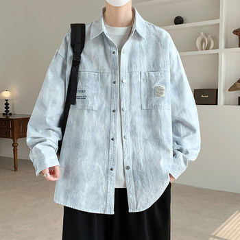 American-Style Pure Cotton Shirt Jacket for Men, Spring and Autumn Trendy Brand Turn-Down Collar Jacket, Youth Gradient Color Long-Sleeve Cool Top