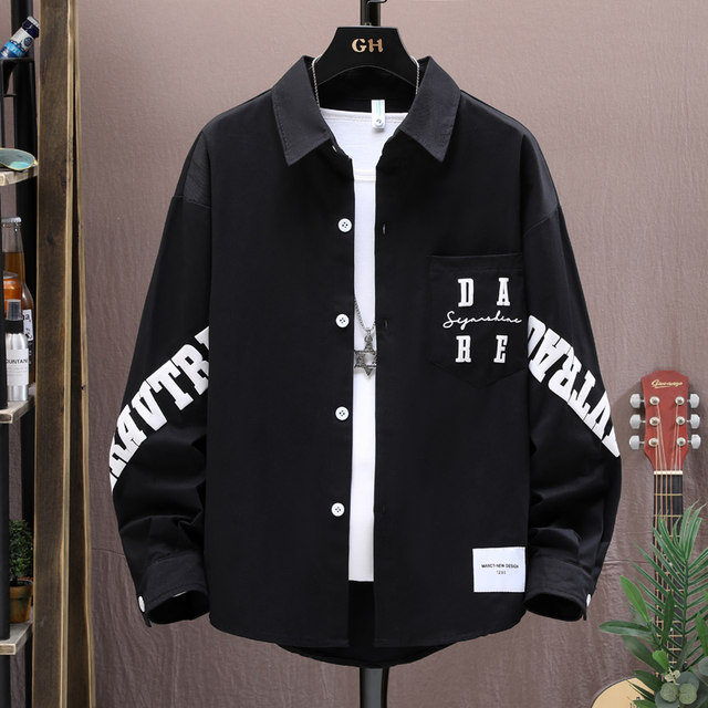 Pure Cotton Long-Sleeved Shirt for Men, Autumn Loose-Fitting Shirt for Teenagers, Middle and High School Students, Casual Shirt, Versatile Jacket