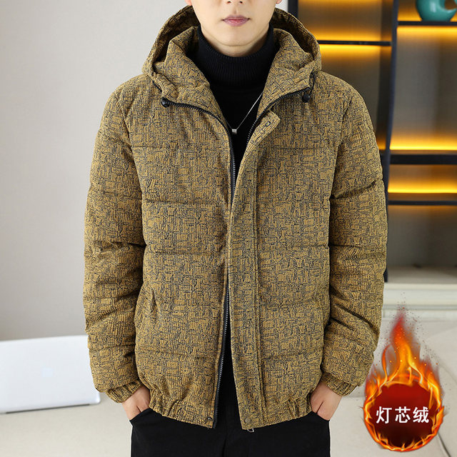 Corduroy jacket men's autumn and winter cotton thickened hooded cotton coat trendy brand handsome casual loose high-end cotton coat