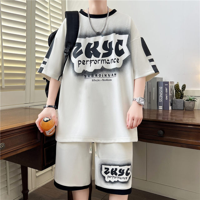 Casual Sports Suit for Men, Summer Five-Quarter Sleeve T-Shirt, Men's Short-Sleeved Youth Set, Stylish Hong Kong Style Clothing T-Shirt